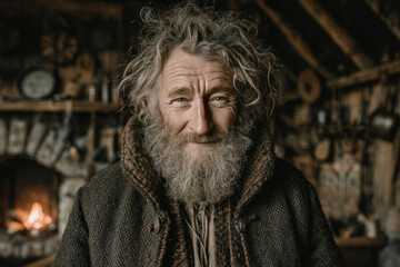 Fototapeta premium Portrait of Wise Bearded Hermit in Rustic Cabin with Warm Firelight and Untamed Hair