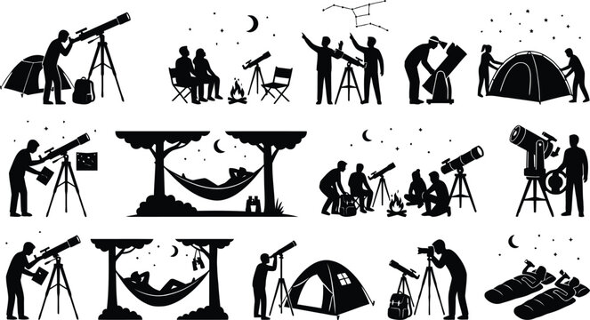 People stargazing with telescopes and camping
