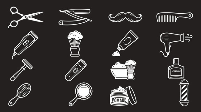 Barber shop icons set including scissors razor comb mustache dryer shaving brush pomade and other grooming tools on black background