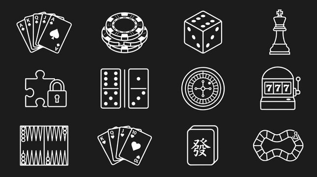 Collection of casino and board game icons including playing cards dice poker chips slot machine roulette wheel and puzzle lock