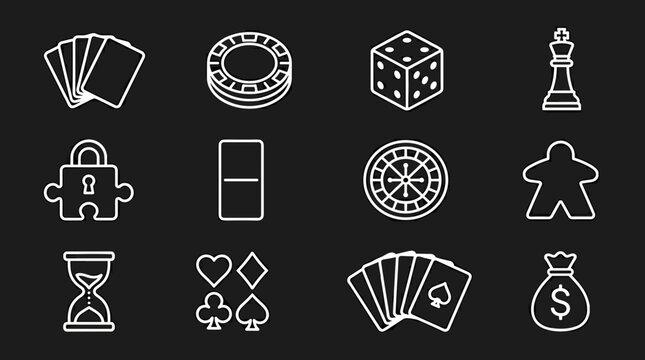 Collection of casino and board game icons including playing cards dice roulette wheel chess king hourglass and money bag on black background