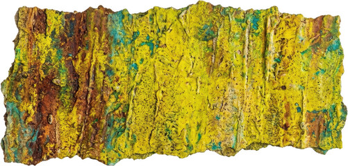 Naklejka premium Horizontal piece of weathered tree bark covered in bright yellow lichen and mineral deposits shows a textured organic surface with deep cracks and vibrant contrasting shades of brown and