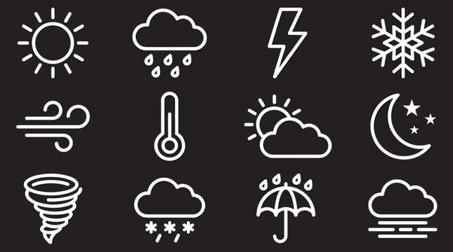 Collection of white weather icons on a black background representing different meteorological conditions like sun, rain, snow, wind, and storm