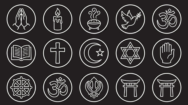 Collection of religious symbols and icons representing diverse faiths and spiritual beliefs in a clean white outline on a dark background
