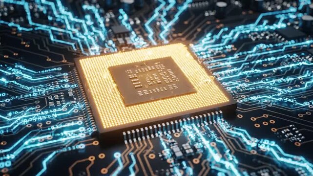 Closeup of a central processing unit chip on a dark motherboard with glowing blue circuit board pathways