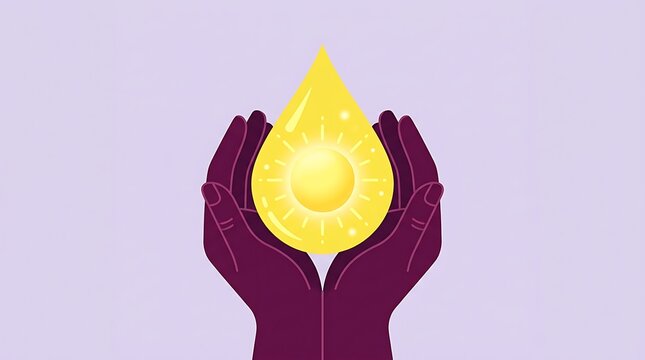 Two hands cupping a glowing yellow drop with a sun icon inside