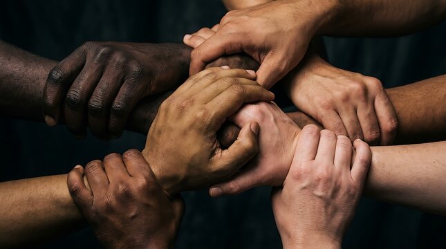 Diverse people clasping hands in a symbol of unity and strength