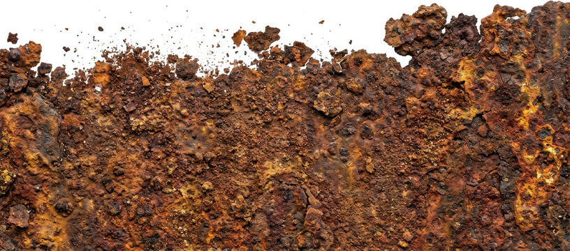 A close up view of heavy oxidized metal surface showing thick layered brown rust particles with rough uneven texture creating a weathered industrial effect that depicts severe chemical