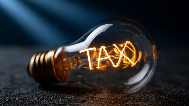 Illuminating the Concept of Tax: A vintage incandescent light bulb glows brightly, its filament forming the word TAX.