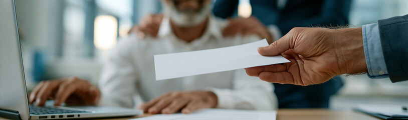 Naklejka premium Termination Notice Handed Over: A close-up shot shows a hand in a suit extending a letter to another person sitting at a desk with a laptop, symbolizing a job termination or dismissal.