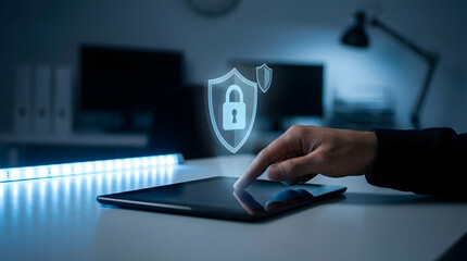 Naklejka premium Hand touching digital security shield with padlock hologram on tablet for cybersecurity data protection concept