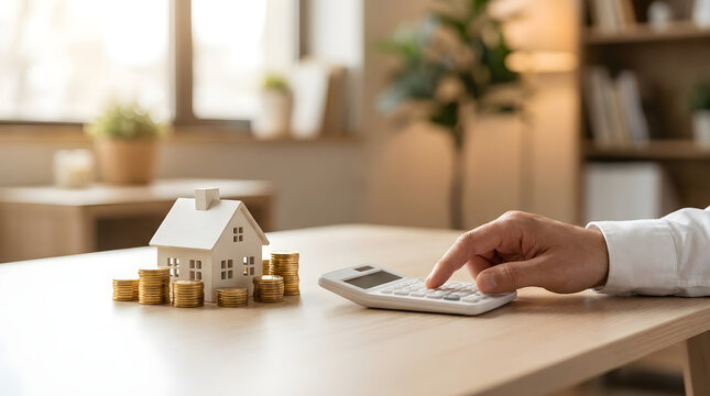 Hand using calculator next to miniature house model and gold coins for real estate mortgage calculation concept