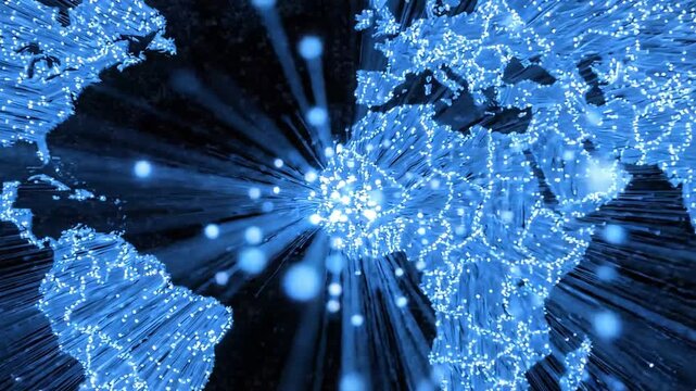 Digital world map with glowing blue network connections and data flow