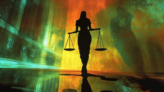 Silhouette of Justice holding scales against a digitally textured, colorful background