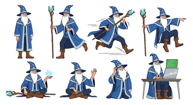 Collection of Wizard Characters in Various Poses and Actions.
