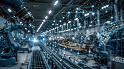 Fototapeta premium Advanced Industrial Automation and Smart Factory Technology with Robotic Arms and Digital Network Connections