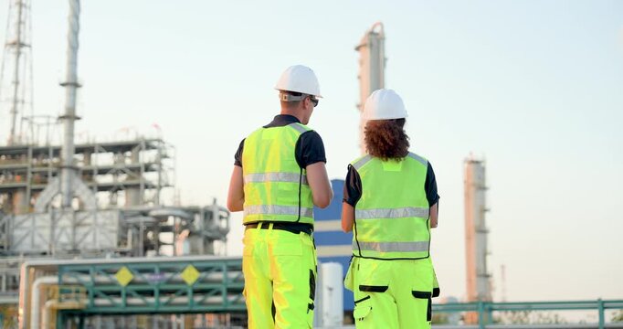 Refinery engineer and technician observe pipeline facility from industrial operation area during petrochemical maintenance inspection and infrastructure planning discussion