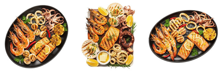 Grilled marine proteins processing specimen showcasing structural culinary parameters, organic material components, substance density, and moisture level metrics within food science database file © Zakir