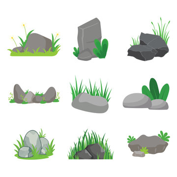 Set of natural grey rocks with green grass. Flat vector illustration of different stones and plants for landscape design.