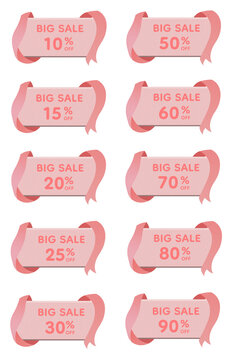 Luxury Pink Glitter Ribbon Big Sale Discount Button Collection with Sparkling Curved Ribbon Frame, Modern E Commerce Promotion Interface Elements, 10 Percent to 90 Percent Off Sale Labels Set