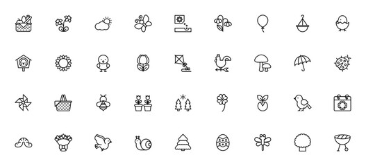 Spring icon set. Minimal thin line web icons pack. Vector illustration. Featuring food basket, flower, butterfly, chick, sunflower, tulip, kite, bird, snail, tree, easter egg, dragonfly, pinwheel, lad © wang