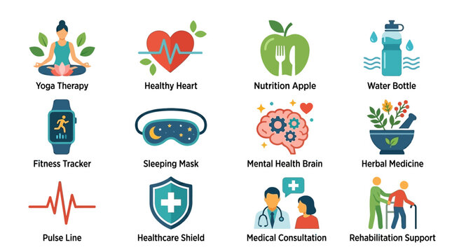 A modern healthcare flat vector icon set with 12 wellness and medical care symbols including yoga therapy  healthy heart  nutrition apple  water bottle  fitness tracker  sleeping mask  mental health b