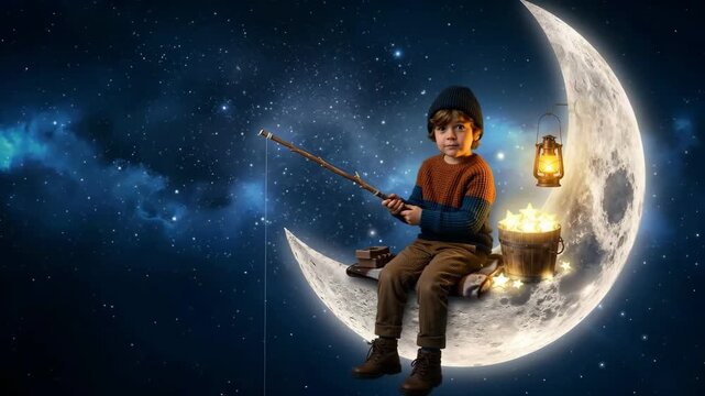 Little boy sitting on crescent moon fishing for stars in magical night fantasy scene