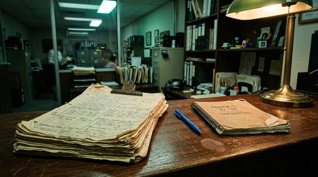 Vintage Office Desk with Handwritten Notes and Warm Lamp Light