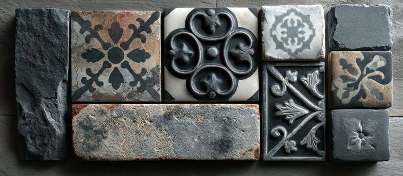 Assortment of decorative stone and ceramic tiles in various patterns and textures