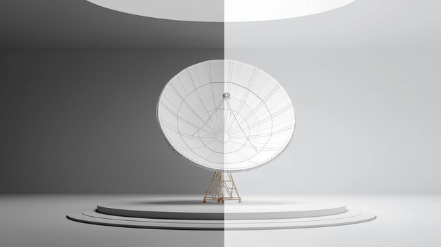 Satellite Dish in Futuristic Room: A large satellite dish, symbolizing communication and technology, is presented in a minimalist, futuristic room with contrasting light and shadow.