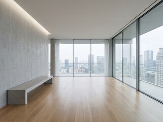 Fototapeta premium Modern empty room with city view and wooden floor. Spacious empty apartment featuring floor to ceiling windows and views!