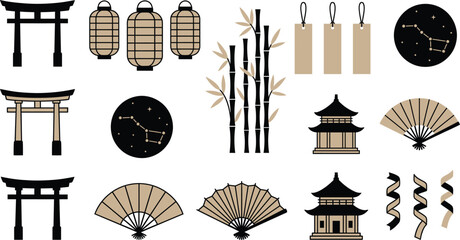 Collection of traditional japanese elements including torii gates lanterns bamboo fans and pagodas for graphic design © Septarim
