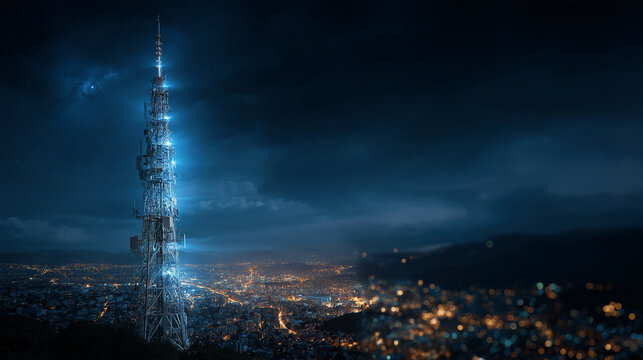 Illuminated Communications Tower at Dusk: A tall broadcasting tower with bright blue lights stands prominently against a dark, cloudy sky.