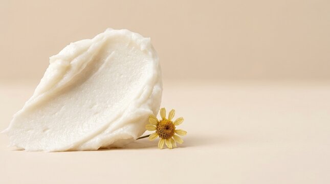 White Cosmetic Cream Swatch and Texture with Small Dried Chamomile Matricaria chamomilla Flower on Beige Background, Organic Skincare and Beauty Product Concept Minimalist Studio Shot
