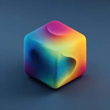 Three dimensional cube displays vibrant gradient illumination against a dark background
