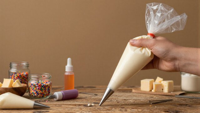 Hand holds piping bag ready to decorate cake with colorful sprinkles