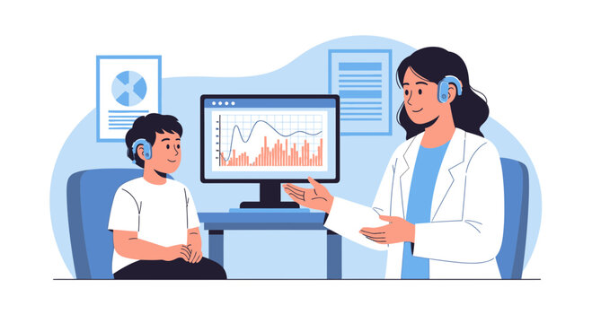 Audiologist checks child's hearing with audiogram on computer screen