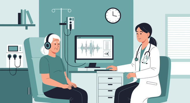 Audiologist checks senior woman's hearing with audiometer in clinic