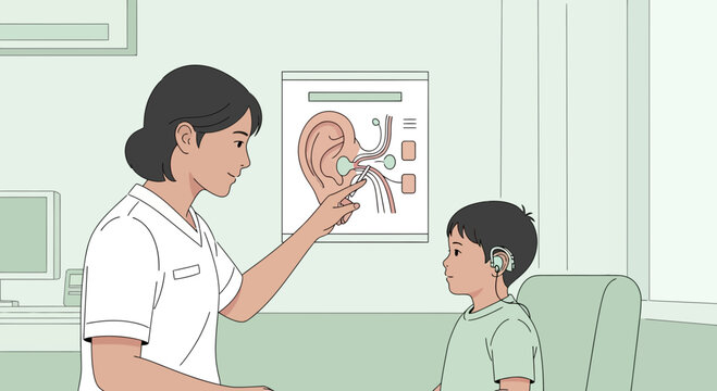 Audiologist examining child's ear, showing hearing aid and ear anatomy chart