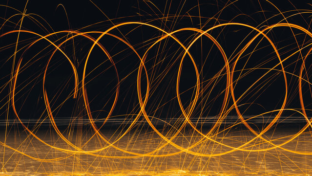 Steel Wool Fire Spinning Light Trails at Night, Brazil