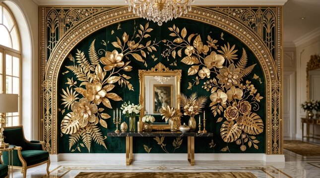 A luxurious, ornate green and gold wallpaper with intricate floral designs, set against a white background in a grand, opulent room with a chandelier and ornate furniture.