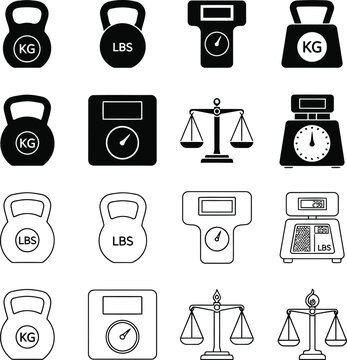 Set of digital bathroom scale icons with weight measurement and unit labels kg and lbs