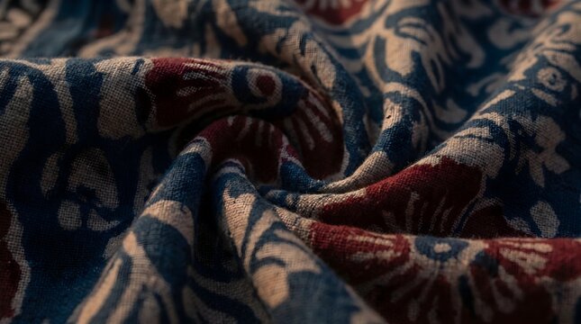 Detailed texture of swirled kalamkari traditional block print fabric with deep shadows and indigo pattern close up
