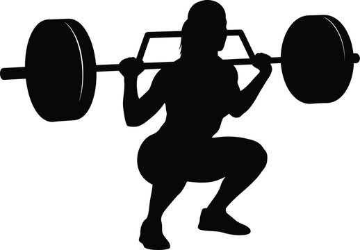Silhouette of woman performing barbell squat exercise isolated on white background