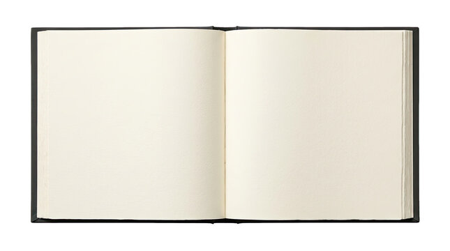 Open hardcover book with blank pages, isolated on transparent background. Ready for t-shirt design, clipart, stickers, print on demand, and sublimation projects.