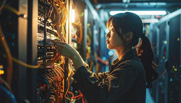 カラフルなケーブルが密集したサーバーラックを点検する日本人女性データセンター技術者が集中している
