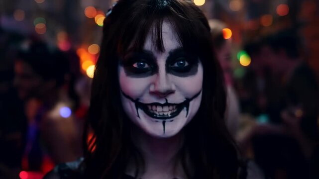 Woman wearing scary skeleton makeup smiles at a party. Creepy Halloween character in dark face paint with bright blurred lights