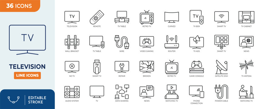 Television Icon set. Contain icons related to television, tv, screen, broadcast, media, electronic, multimedia, entertainment, and more. editable stroke. Vector illustration