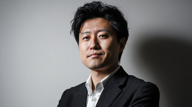 A confident businessman poses with a serious expression against a neutral background, embodying professionalism and determination.