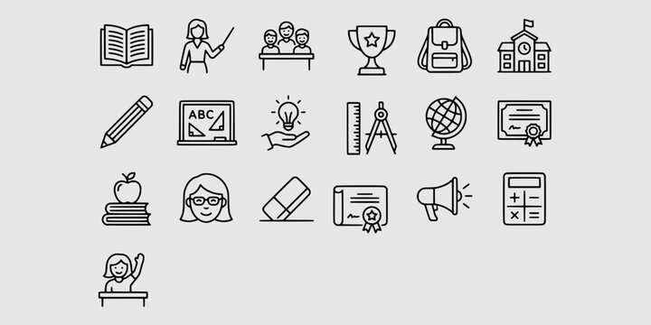 Icon set collection of school supplies, female teacher lecturing, classroom learning, academic success, study stationery, and educational campus symbols.